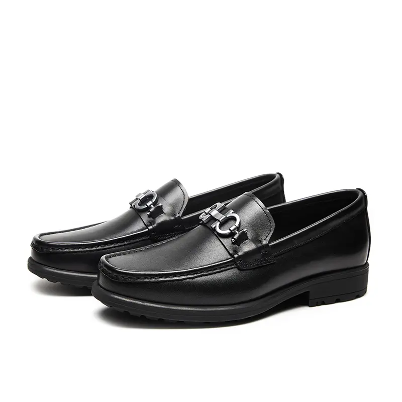 European station buckle men's shoes - one-piece slip-on business casual leather shoes, classic mocassin style shoes, genuine leather thick-soled loafers