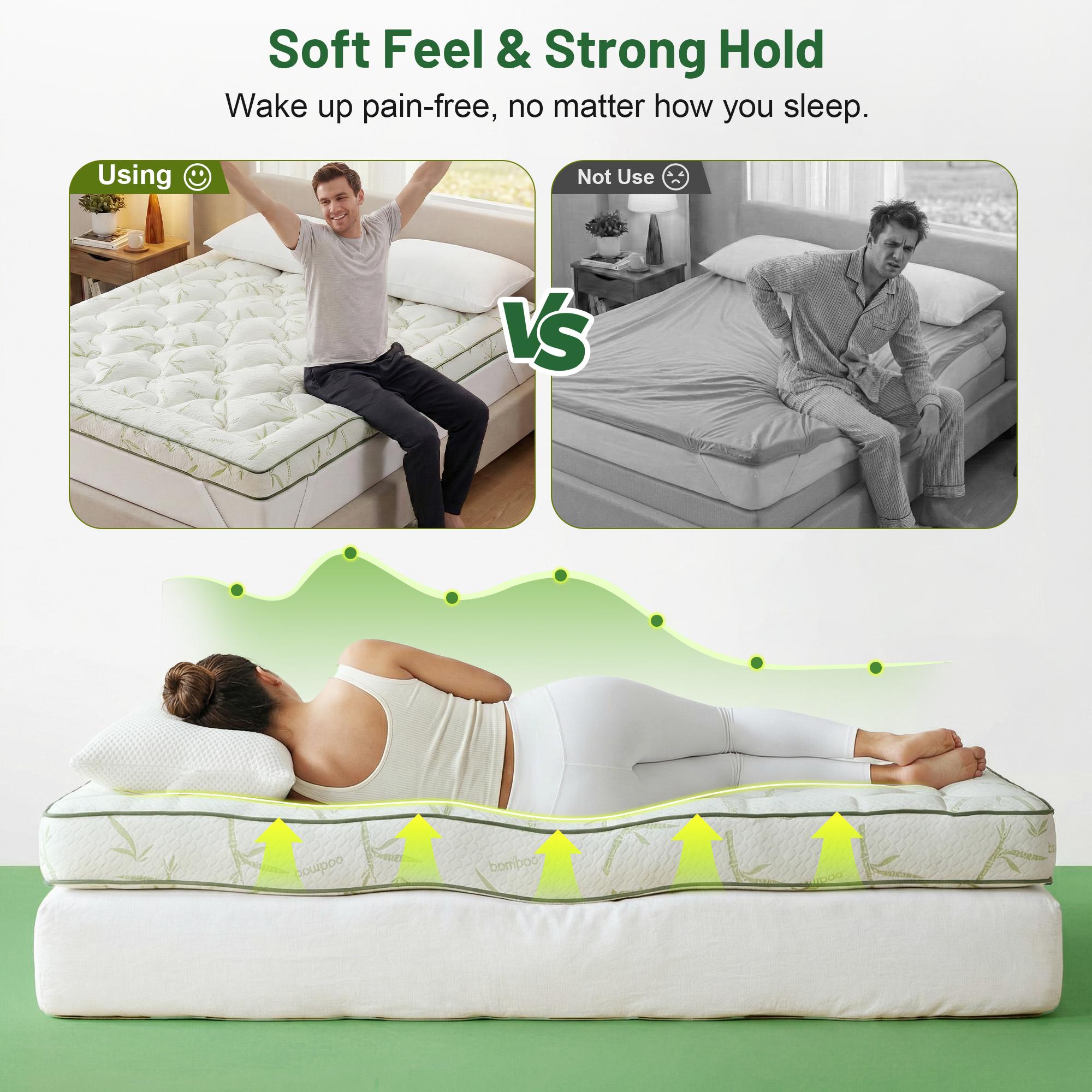 [Back Pain Relief] Raybee 1200gsm Bamboo Fiber Mattress Topper  Pad for Pressure Relief & Better Sleep, 2-4 Inch Microfiber Filling Mattress Protector Cover, Quilted, Machine Washable for Up tp 12" Mattress, Anti-slide, Twin, Full, Queen, King