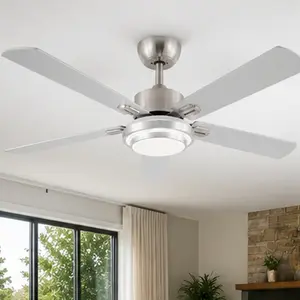 52 Inch Indoor Ceiling Fan with LED Light Kit and Remote Control, Brushed Nickel DC Motor Ceiling Fan with 5 Plywood Blades, Quiet Reversible Smart App Compatible Ceiling Fan for Living Room Bedroom, Nickel Color Options, ABS/Metal/Plywood Mater