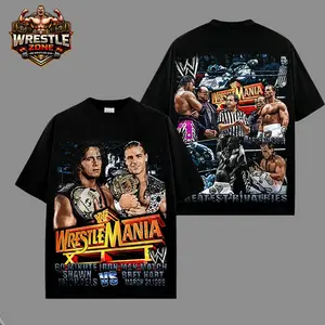 WWE Shawn Michaels vs Bret Hart Wrestle Mania 17 Washed T-Shirt | Vintage Graphic Design | Iconic Wrestling Print | Classic Fan Apparel Cotton Fabric