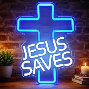 Cross Neon Signs Jesus Saves LED Signs for Wall Decor Jesus Neon Lights Signs for Bedroom Living Room Christian Church Events Birthday Christmas Decor Gifts