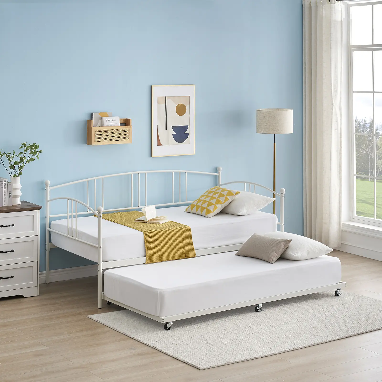 Twin Metal Daybed,Space-Saving Sofa Bed Frame,Sturdy Steel Slat Support, Arched Headboard,Easy Assembly, No Box Spring Needed,Some with Pull-out Trundle,for Guest Kids Room Small Space