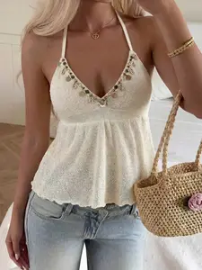 women's apricot boho halter backless peplum knit top