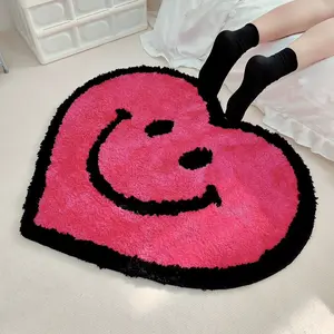 Smiling Face Heart Shaped Rug Happy Face Simile Pink Love Gifts Room Decor Bedroom Tufted Non-Slip Cozy Comfort Modern Style