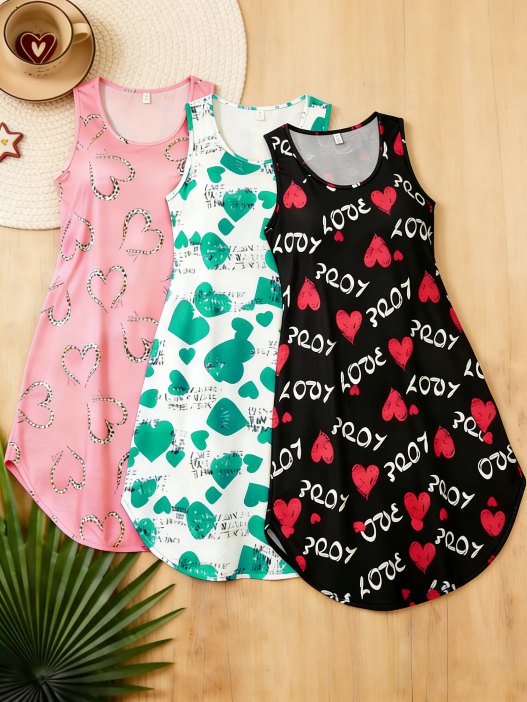 【Plus Size】 3-Pack Heart Print Nightgowns Sleeveless Tank Sleep Dress Comfy Loungewear for Women All Seasons in Pink Green and Red Casual Womenswear summerwins