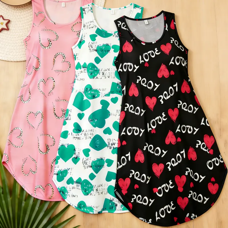 【Plus Size】LONAGIRL Women's Plus Size (2XL,3XL,4XL) 3-Pack Knitting Breathable Crew Neck Heart Print Sleeveless Tank Nightdresses, Casual Loungewear for All-Season Comfort