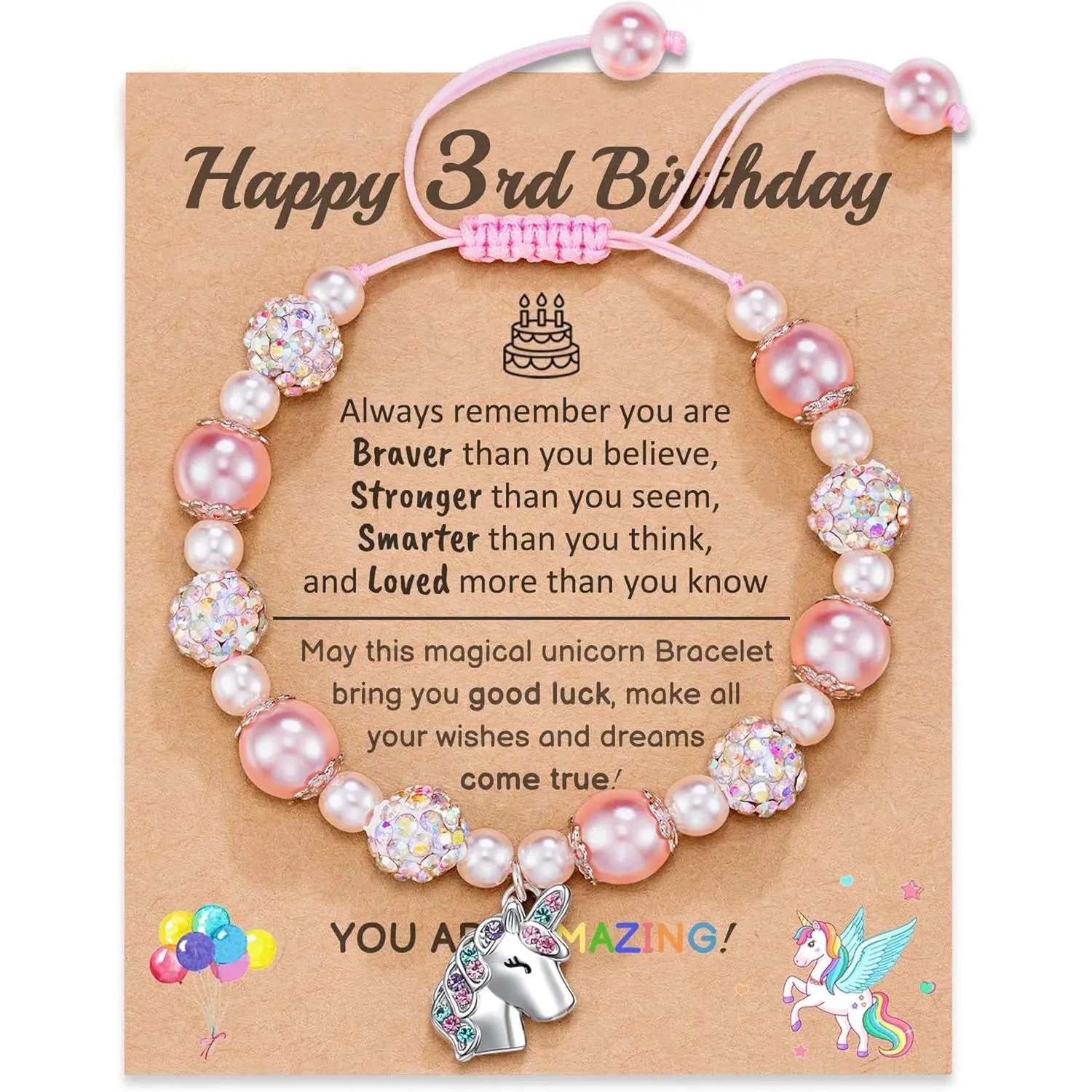 Adjustable Pink Sparkling Pearls Unicorn Charm Bracelet - Artificial Gemstone Unicorn Jewelry for Female Kids Over 3, Rope Chain, 5.5" Wrist Fit, Birthday & Holiday Gifts, No Excessive Promotions, Girl