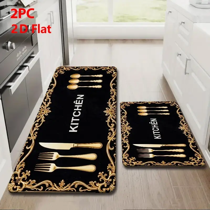 [SALE 50%] Kitchen Mats for 2PCS, Waterproof Kitchen Rugs,Gold Ornate European Border Comfort Standing Mat Rug for Home, kitchen, Sink, Laundry, Office