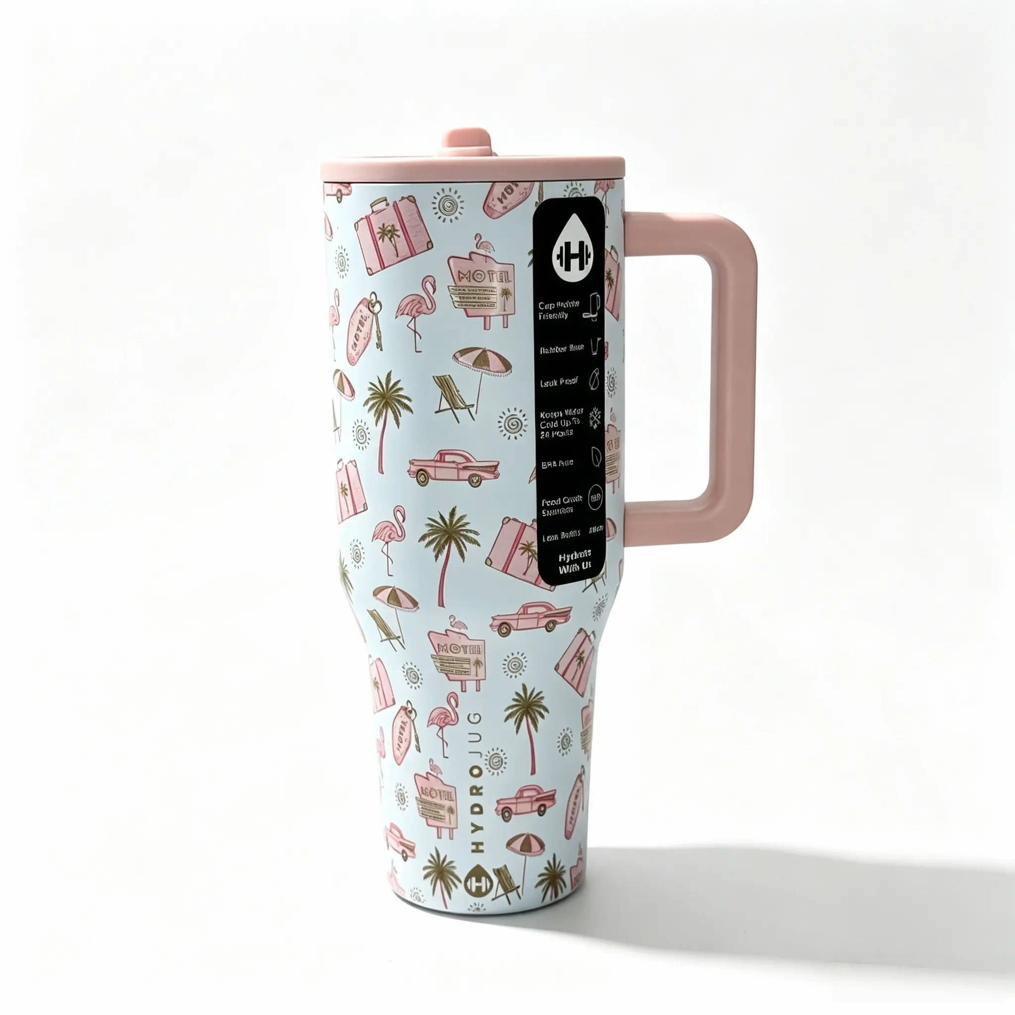 HydroJug 40oz Retro Palm Springs Motel Print Water Bottle - Leakproof Insulated Stainless Steel Tumbler with Pastel Pink Handle, Straw Lid, 24hr Cold Retention - Vintage Florida Road Trip Vacuum Flask Drinkware