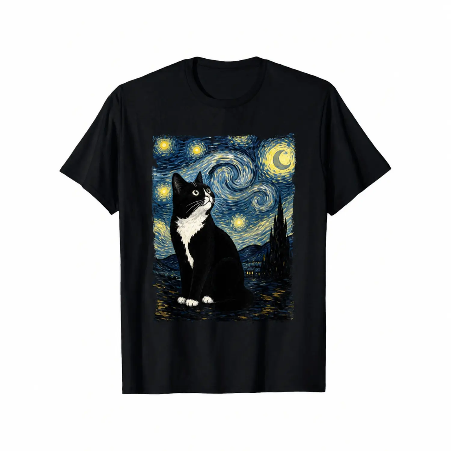 Starry Night-Inspired Black Tuxedo Cat Graphic Unisex T-Shirt, Casual Short Sleeve Round Neck Tee