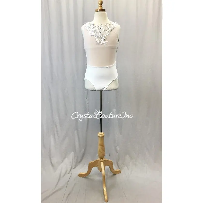 White Sheer Mesh and Lycra Leotard - Appliques - Swarovski Rhinestones