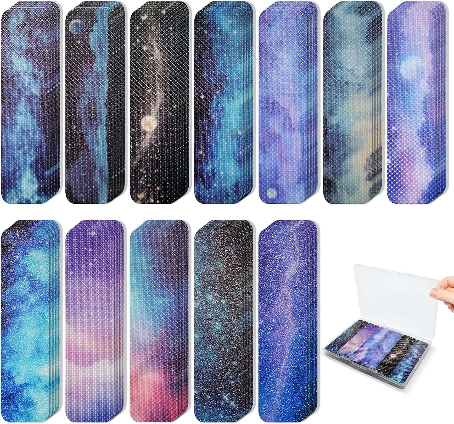 72-Piece Anxiety Sensory Sticker Boxed Set with Storage Box - 2 Textured Fidget Strips for Adult Office Desk Stress Relief, Smartphone-Cellphone Accessories for Space Organization (Galaxy)