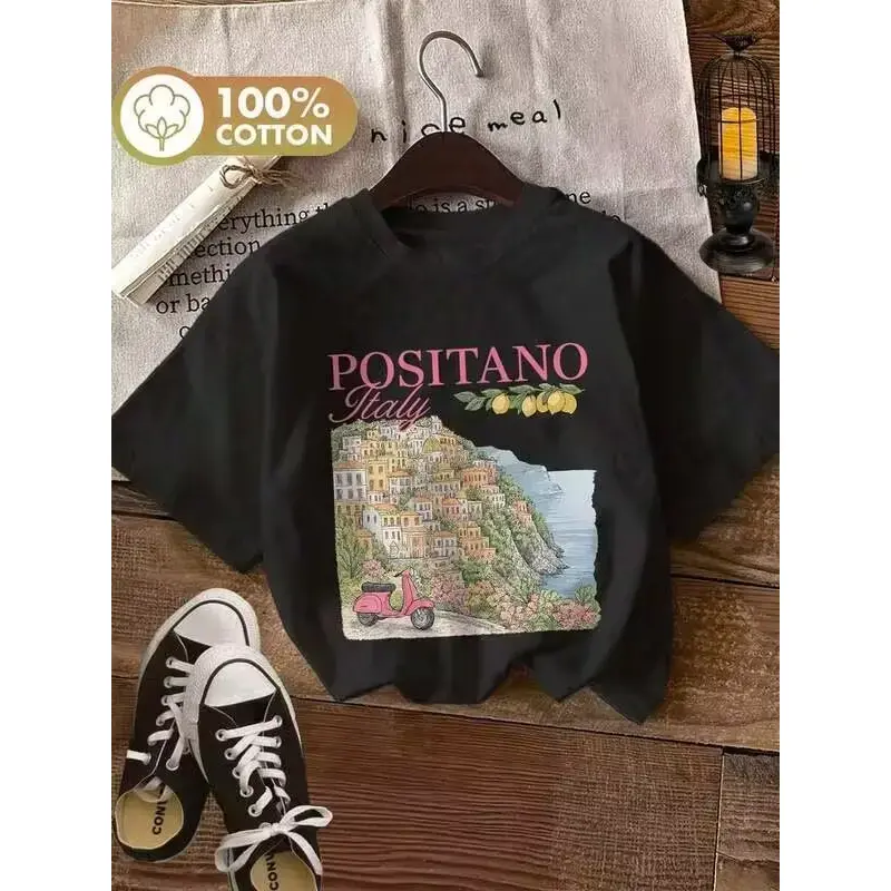 Women's Positano Italy Lettering Vintage T-Shirt - Short Sleeve Crew Neck Top Suitable For Summer & Spring, Casual Italian Travel Style, Machine Washa