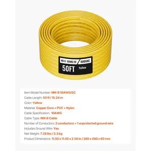 VEVOR NM-B Wire, 10AWG/2C Non-Mettalic Residential Indoor Electrical Wire with Ground, PVC Sheathed High-Purity Copper Core Cable, for Outlets, Switches, Other Loads Lighting Wiring Projects(50 ft)