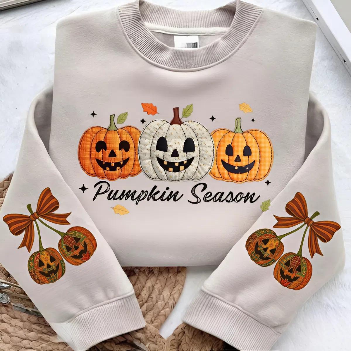 Pumpkin Season Sweatshirt – Cute Patchwork Jack-o’-Lanterns with Fall Leaves & Bows, Spooky Autumn Halloween Shirt for Women