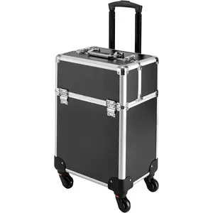 Professional Makeup Train Case,Aluminum Cosmetic Case Rolling Makeup Trolley Case for Travel Makeup/Nail Art/Hair Styling