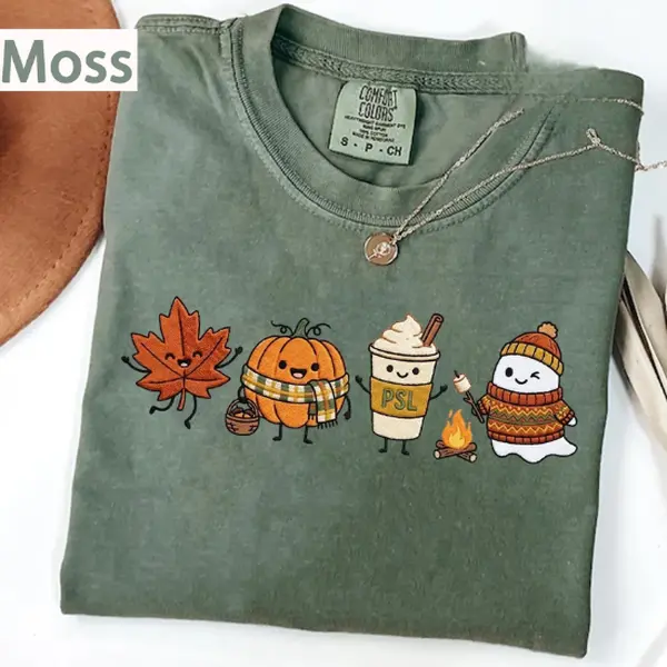 Cute Fall doodles Embroidered Shirt, Autumn Doodle Embroidery Tee, Pumpkin Ghost PSL Comfort Colors Shirt, Cozy Halloween Fall Gift