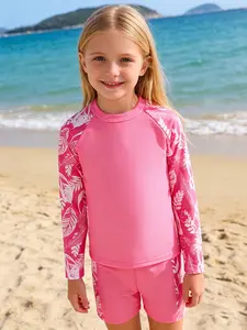 Girls' Summer Plant Print Beach Vacation Swimwear Set, Long Sleeve Short Pants, Stylish and Comfortable, Perfect for Outdoor Activities