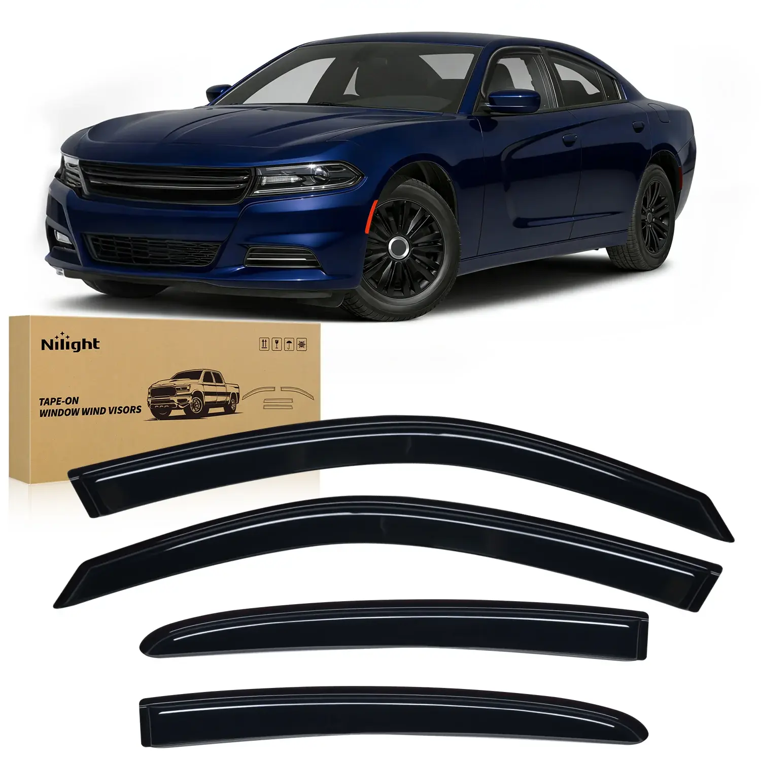 Nilight Acrylic Side Window Wind Deflectors & Sun Visors - 4PCS Tape-On Car Exterior Accessories for Dodge Charger 2011-2023, Blue Fog-Prevention Replacements, Sun Visor