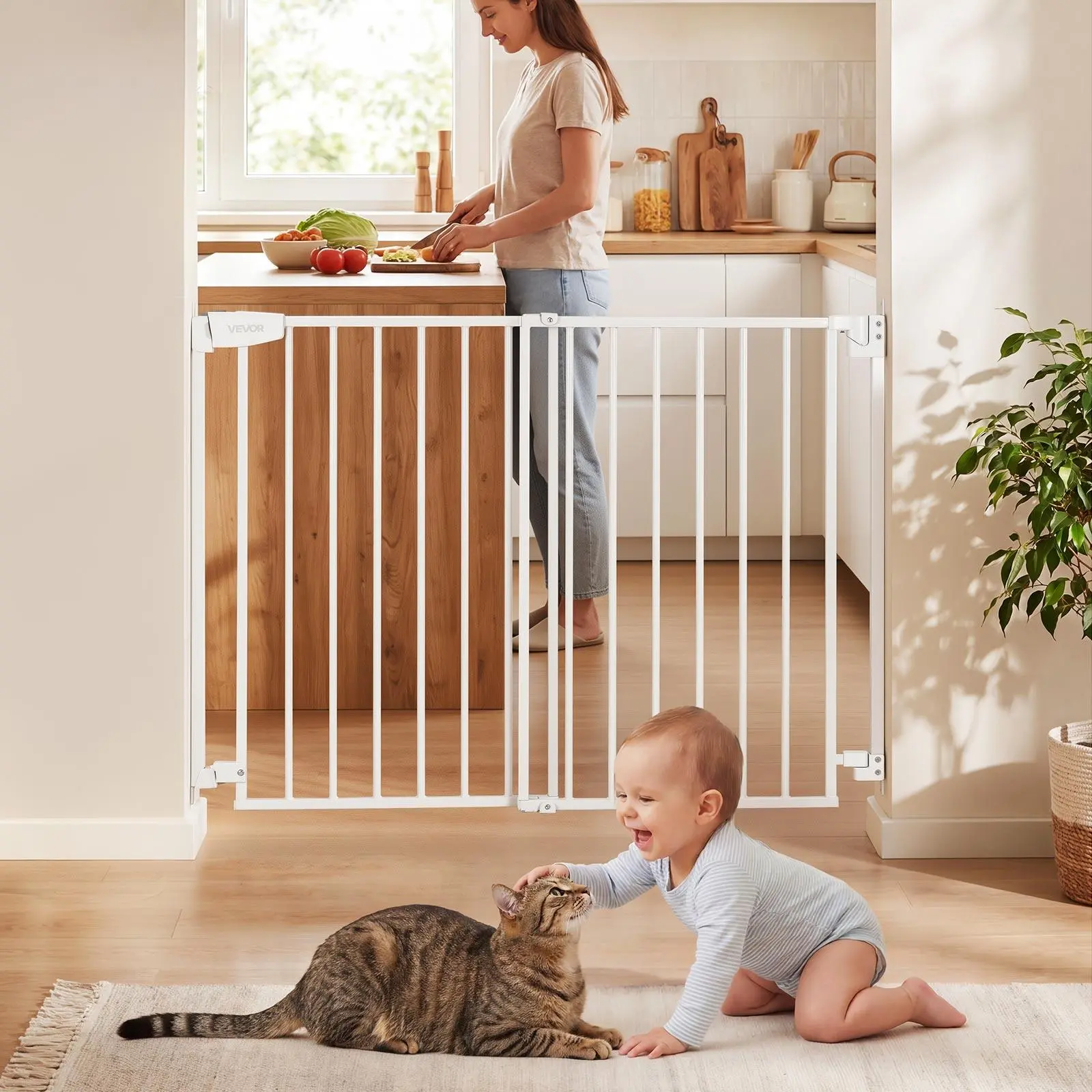 【SummerFinds】VEVOR Baby Gate for Stairs, 28-43 in Adjustable Width, 30 in High Dog Gate, No Bottom Bar, One-Handed Operation, Easy Drilling Installation with Hardware Kit, for Stairs, Doorways, and House, White