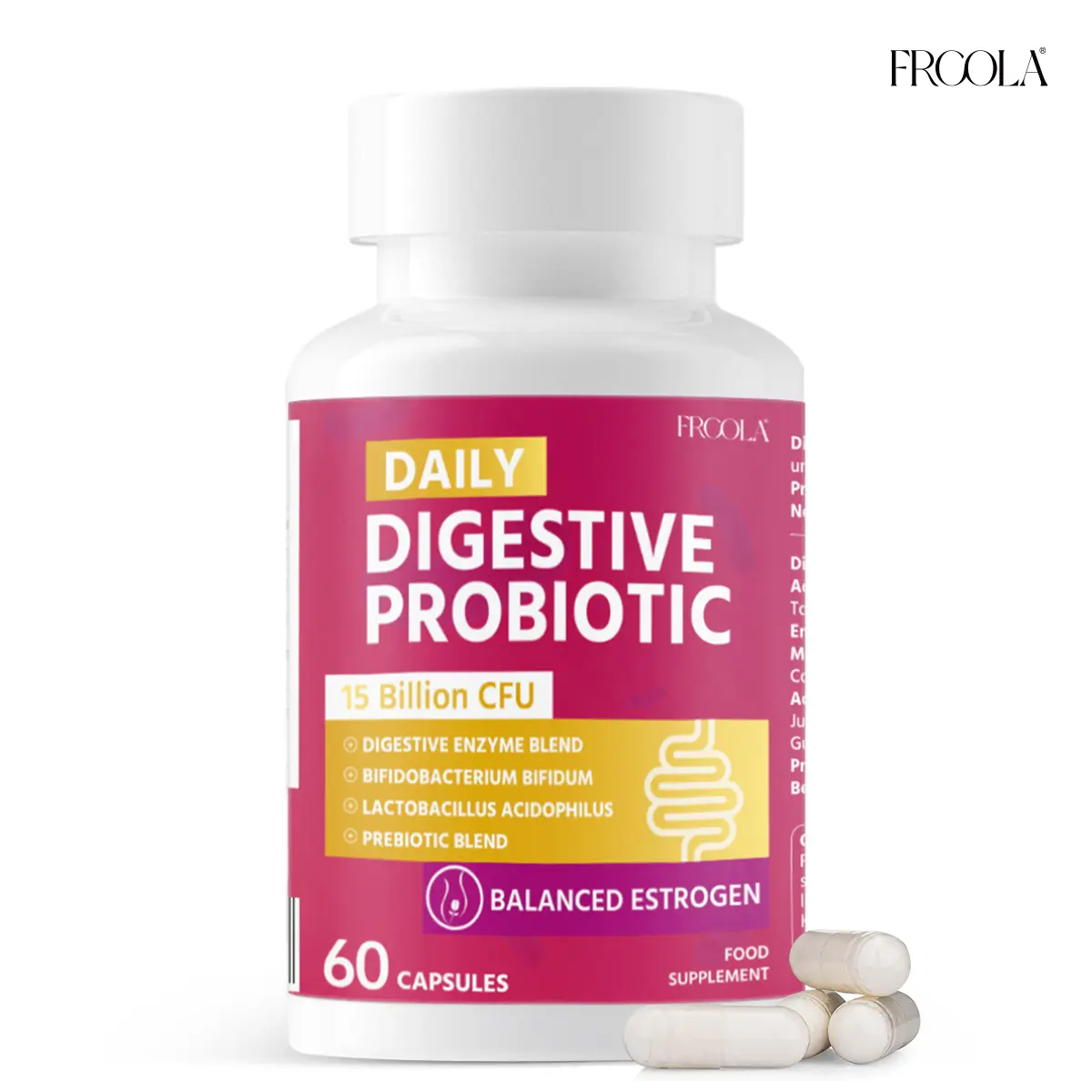 FRCOLA Feminine Focus Natural Probiotic Supplement Capsules - Gut Health Support, Digestion Aid with Rhamnosus, Prebiotics for Bloating & Mealtime Discomfort