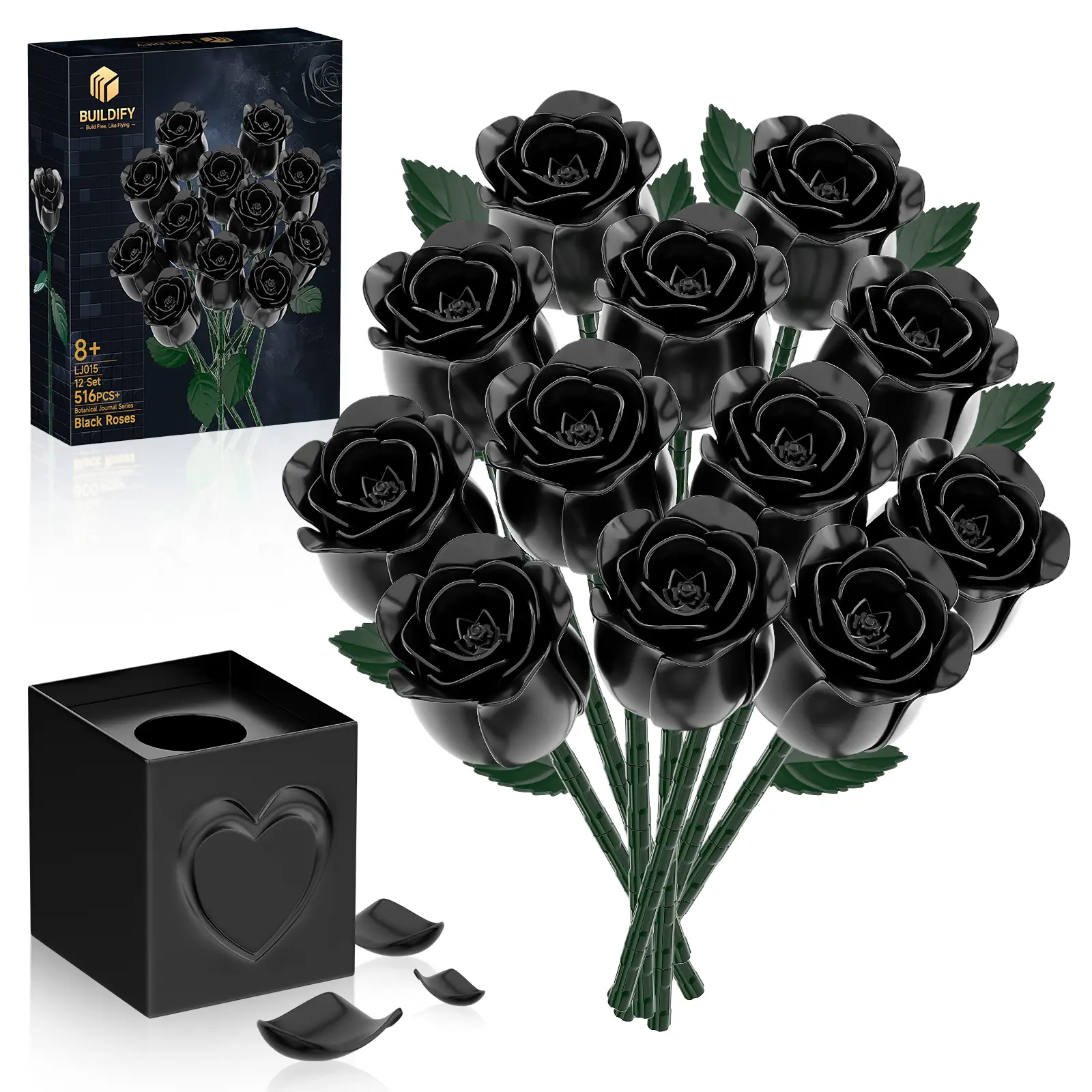 BUILDIFY Everlasting Black Roses Bouquet DIY Building Blocks Compatible with Lego Educational Toy for Girls Creative Craft Kit with Heart-Shaped Box Fruit Plants 8+ Years Old