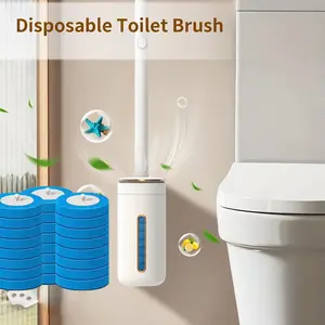 Easy-to-Use Space-Saving Disposable Toilet Brush Starter Kit with 8/24 Refills, No Touch One-Time Use Brush, Built-in Cleaner, Wall Mount Storage Caddy, Household Must-Have, Apartment&Dorm Cleaning Tool