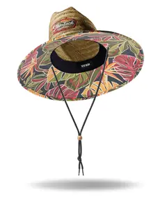 UPF 50+ Solar Protection Beach Hat - Hemlock, Tropical Leaf Print Lifeguard Hat with 1 Size Fit