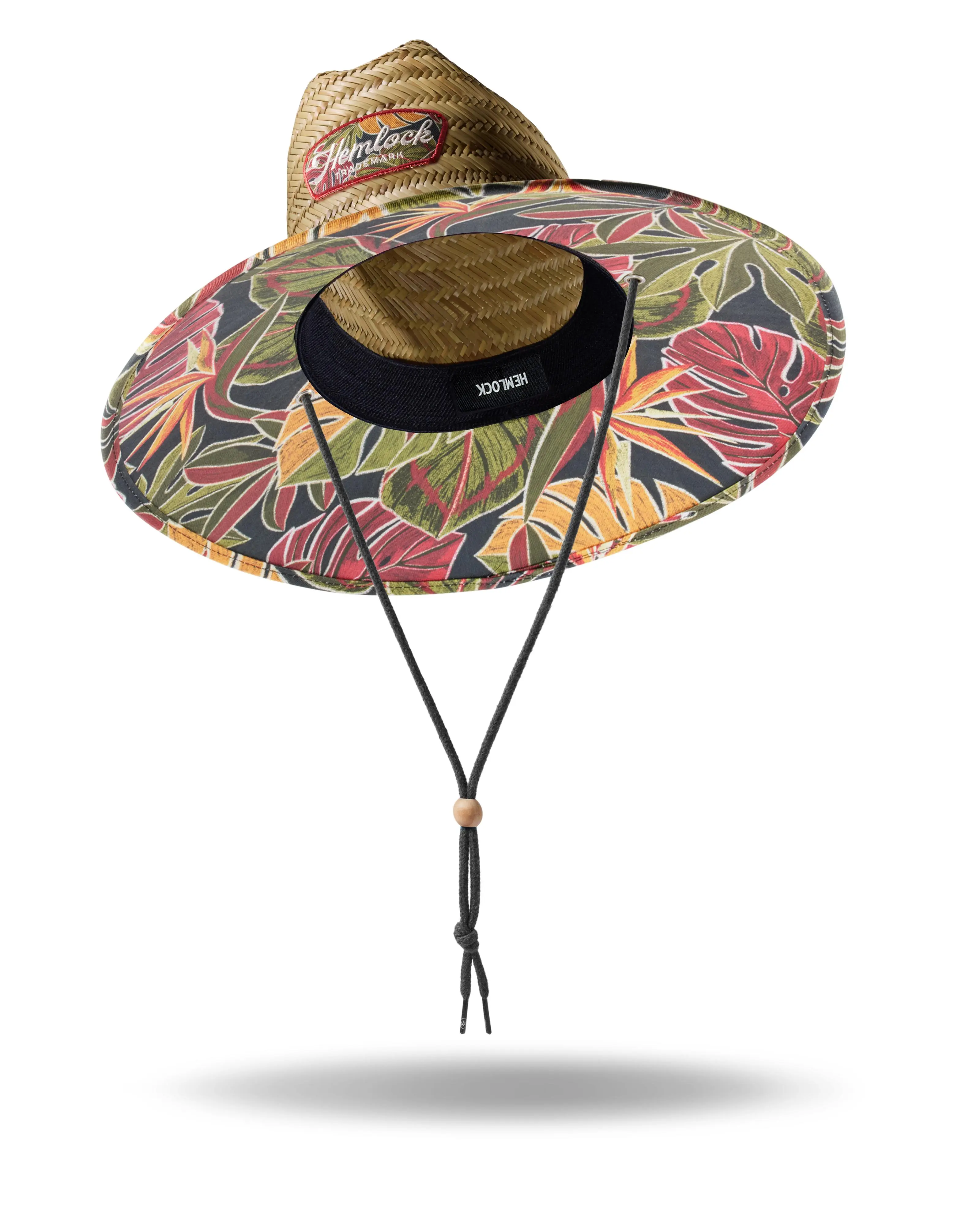 Unisex Lifeguard Beach Hat - Cowboy Crown Design, Hemlock Tropical Leaf Print Underbrim, Wide Brim Sunshade, Certified UPF 50+ Anti-UV Protection, Breathable, Onesize Fit for Adults