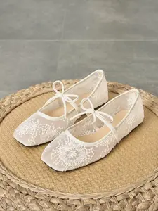 Women's Embroidered Mesh Netted Ballet Flats, Elegant Square-Toe Fashion Flat Shoes for Parties and Daily Wear, Lightweight Breathable Comfortable Footwear for Women & Girls, Ballerina Flats Shoes, Fashionable Flats