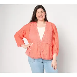 LOGO Lavish by Lori Goldstein Mixed Lace 3/4 Sleeve Cardigan