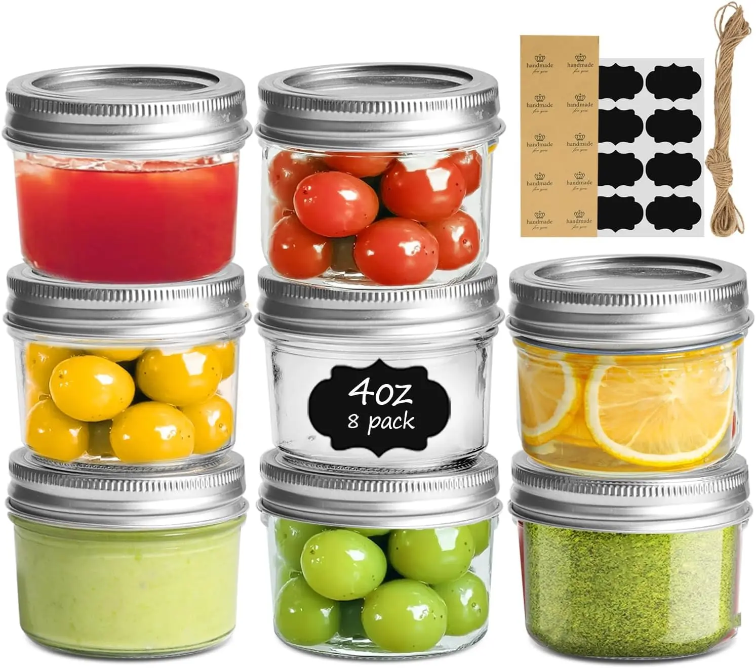 8-Pack 4oz Glass Regular Mouth Mini Mason Jars - Reusable Split Lid Airtight Kitchen Preserving Canisters with Leakproof Seal Bands, Dishwasher Safe, Easy to Fill, Maintains Freshness for Spice, Picnic Storage, Handmade Gift, Diy Candles