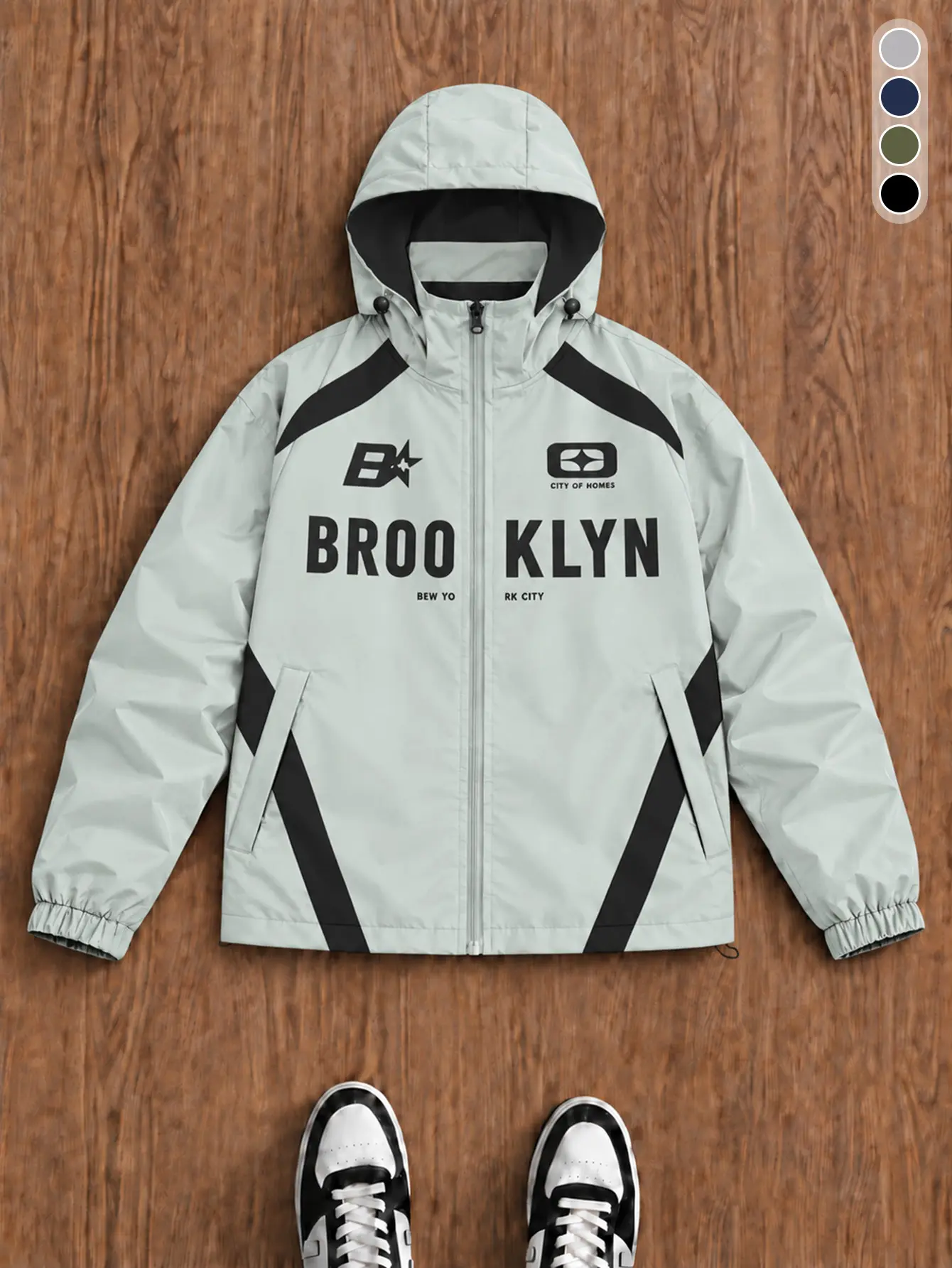 Men BROOKLYN Letter Print Color Block Hooded Jacket Full Zip Windproof Coat Casual Street Outerwear