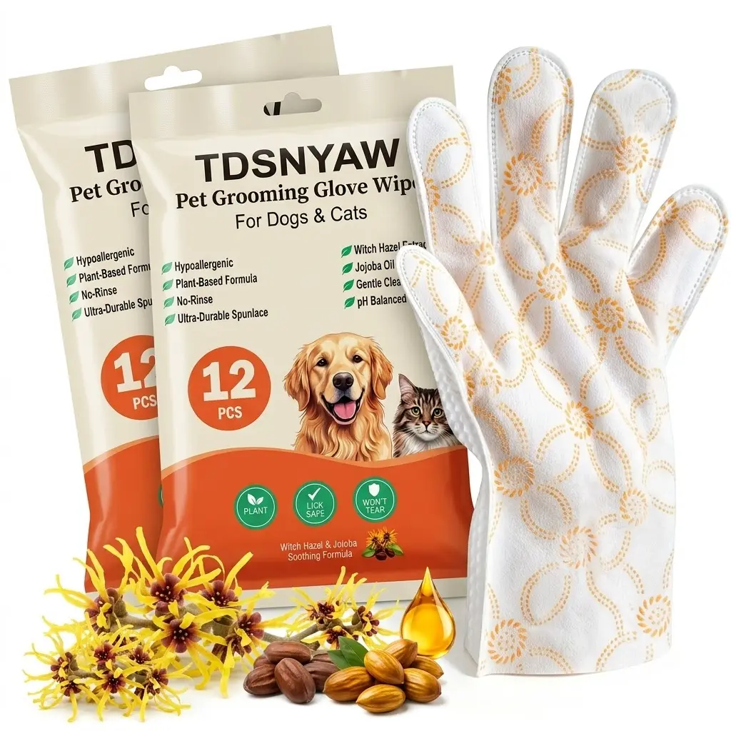 TDSNYAW XXL Pet Grooming Glove Wipes (12 Count) - Natural, Hypoallergenic, No-Rinse Mess-Free Bathing Gloves with Jojoba Oil for Shiny Coat, Shedding Control, Deodorizing & Paw Care