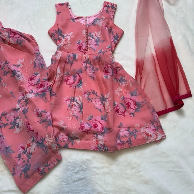 Pink Punjabi floral frock and salwar suit for kids