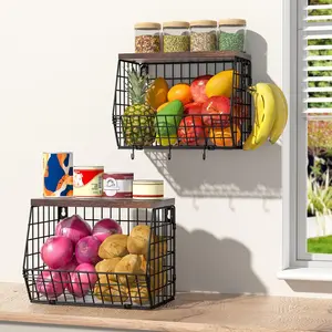Wawocs 2 Tier Fruit Bowl Fruit Basket for Kitchen Counter Stackable Wall Mounted Hanging Basket Wire Baskets with Wood Lid with 4 Banana Hanger Hooks Onion Basket Fruit and Vegetable Storage