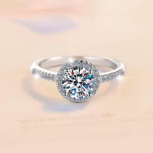 S925 Sterling Silver Round Halo Ring Synthetic Moissanite Ring-156