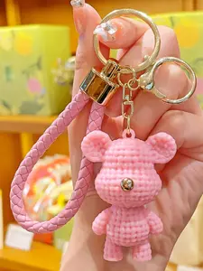 Cute Knit Texture Bear Keychain for Bags, 3D Crochet Style Teddy Bear Pendant with Braided Wrist Strap Key Ring Aesthetic Backpack Bag Charm Gift for Women Men Bear Lovers