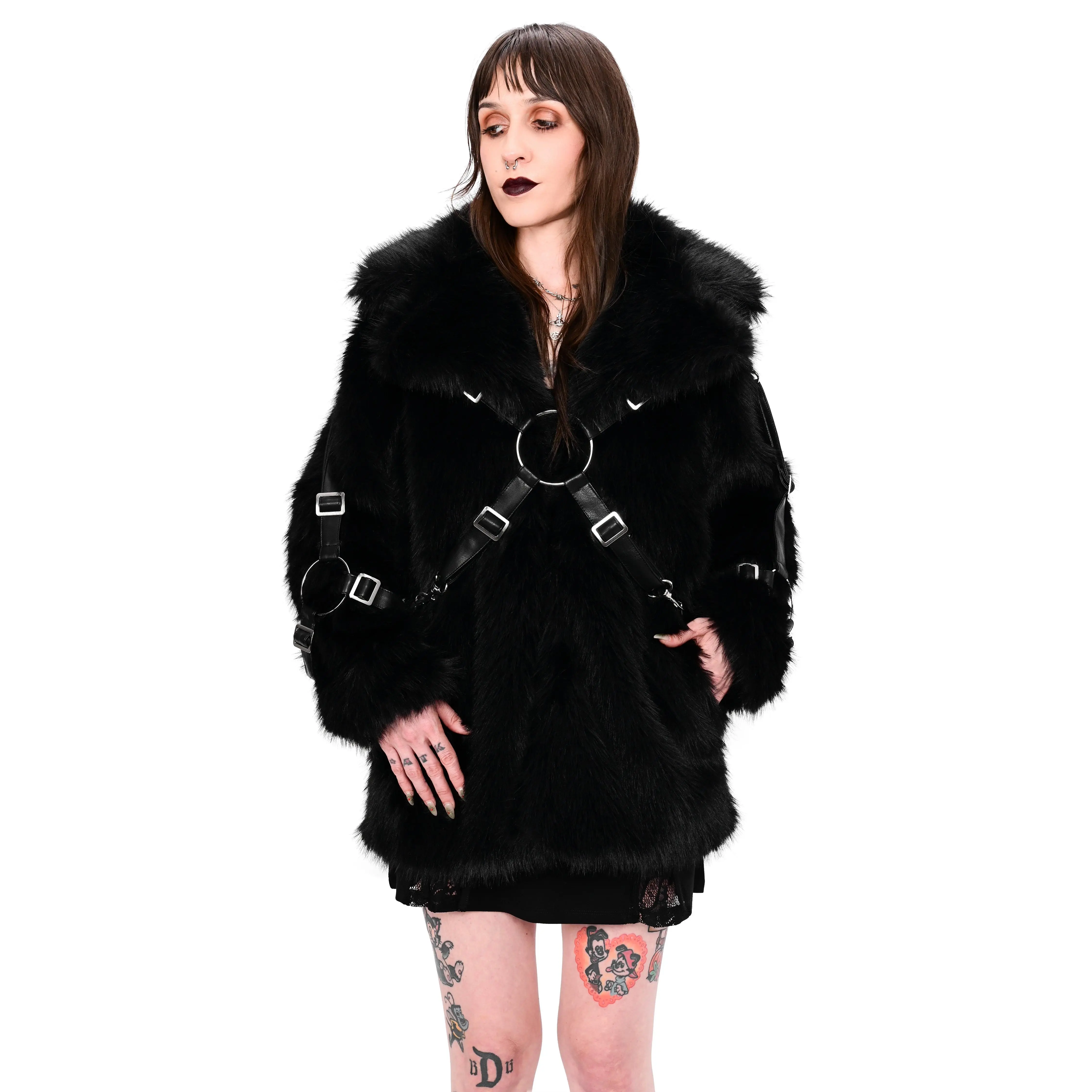 Amora Black Faux Fur Jacket with Vday Lip Print Lining