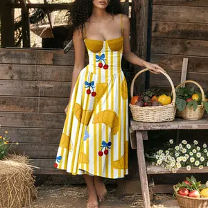 Women's Summer Style Dress Cherry Croissant Print Sundress Off-the-Shoulder A-Line Dress with Thin Straps for Vacation