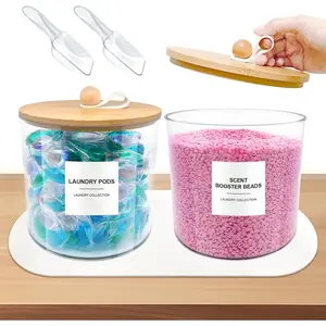 2 Pack Laundry Pods Container,Laundry Room Organization and Storage Jars,Laundry Detergent Container for Powder,Pods,Scent Booster,with Non-Slip PU Leather Pad and Handle,Bamboo Lids,Labels and Scoops