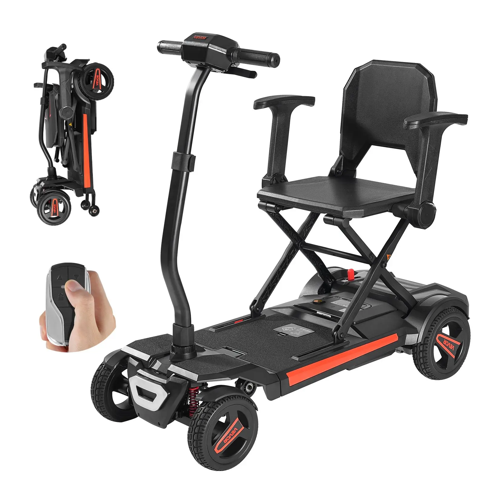 【DealsForYouDays】VEVOR Foldable 4-Wheel Electric Mobility Scooter for Adults & Seniors, Automatic Folding with Remote Control, NFC Keys, Long Range, 265lbs Cap., Aluminum Alloy Frame, Flat-Free Tires, Safety Brake System, All Terrain, Telescopic Handle