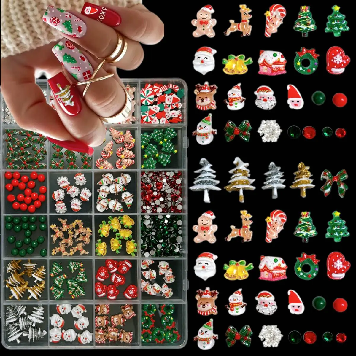 1Box Kawaii Cartoon Santa Claus Snowman Elf Resin Nail Charms Creative Snowflake Christmas Series Nail Art Decorations DIY Nails
