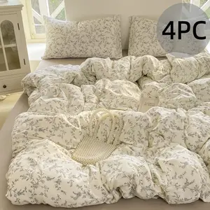 4pc Bedding Set (quilt Cover + Sheet + Pillowcases), Fresh Floral Design, Leaf Pattern, Comfortable Touch, Breathable Fabric