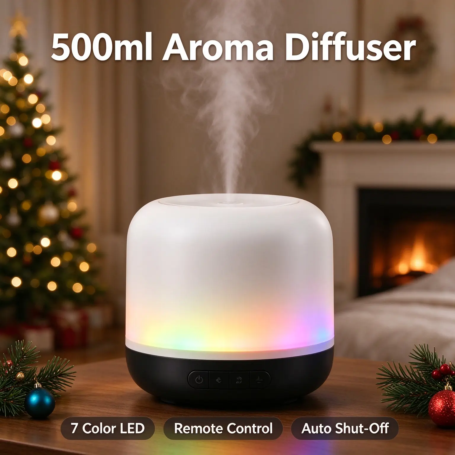 500ml Ultrasonic Aroma Diffuser with Remote Control, 7 Color LED Essential Oil Humidifier, Auto Shut-Off, Quiet Cool Mist Diffuser for Bedroom Home Office, Christmas Gift
