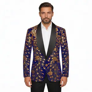 Pyiujtr Men's Sequins Velvet Shawl Lapels Blazer with Unique Flower Pattern for Stage Party Prom Wedding Dinner Suit Jacket Sharp Fashion Forward Look