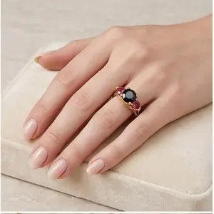 Gothic Romance Black Onyx & Ruby Crystal Ring |   Vintage Aesthetic Gold JewelryHypoallergenic Gold Plated Ring |   Bold Black Onyx Party Ring for Her