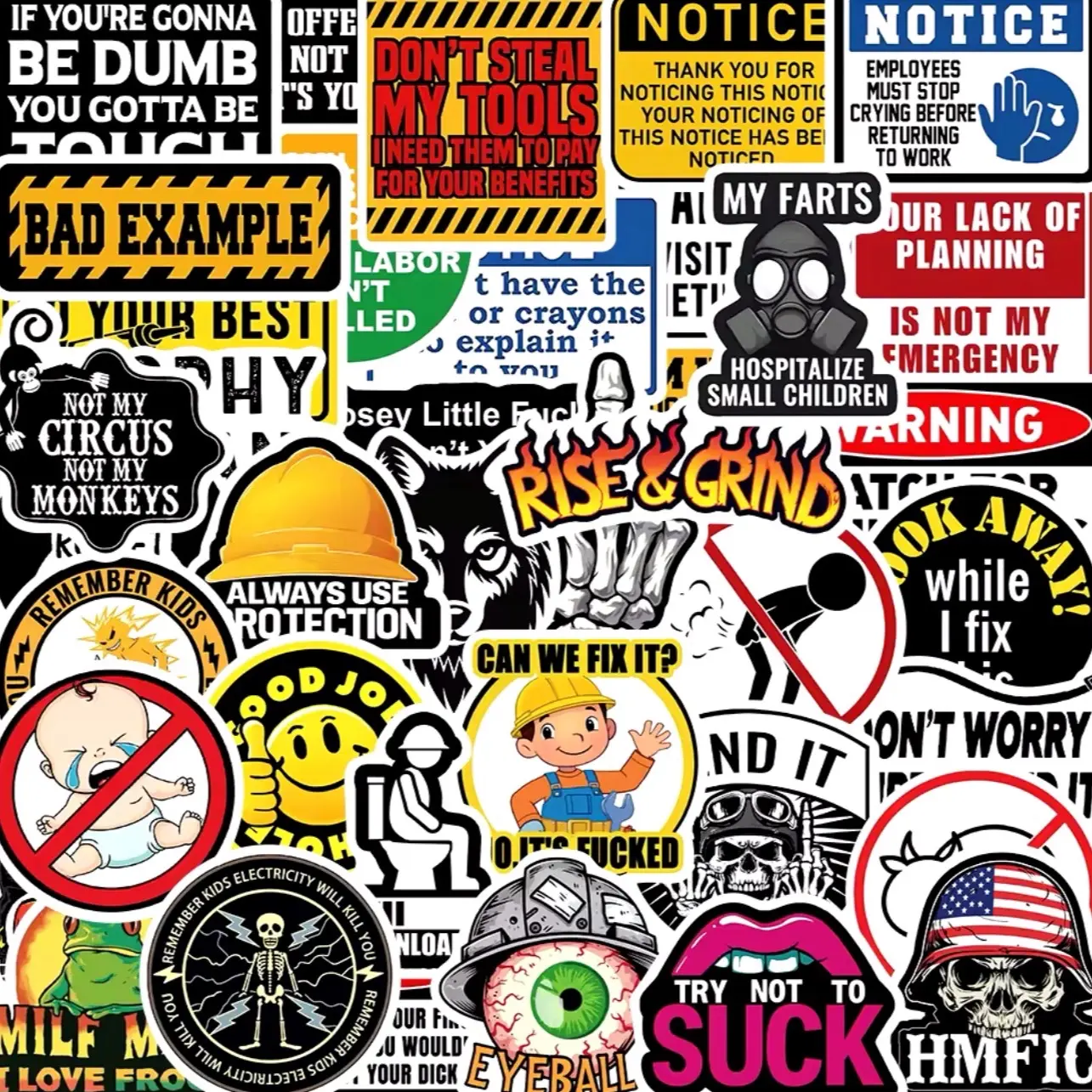 50 Pack of Funny and Sarcastic Hard Hat Decals and Stickers. Electrician, Mechanic, Instrumentation, Pipe Fitter, Tradesman.