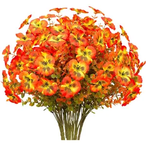 6/12pcs Bundles Artificial Flowers UV Resistant Faux Pansy Fake Plants and Fake Mums Fall Decorations for Home and Outside Garden Porch Window Box Home Decor(Autumn Orange)