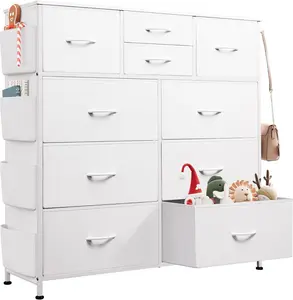 10-Drawer Fabric Dresser with Metal Frame & Side Pockets - Sturdy Storage Organizer Chest with Hooks for Bedroom, Living Room, Hallway or Closet